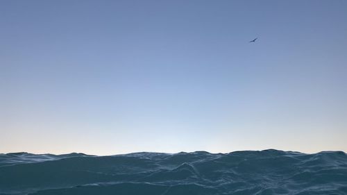 Bird flying over mountain against clear sky