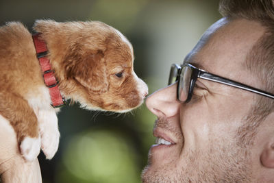 Pet owner holding new dog. happy man with puppy of nova scotia duck tolling retriever.