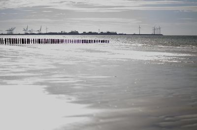Wooden posts on beach against sky