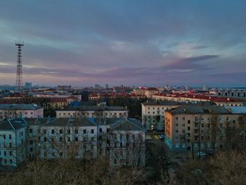 High angle view of townscape against sky at sunset