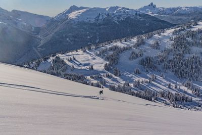 Aerial view of snow covered mountains against sky