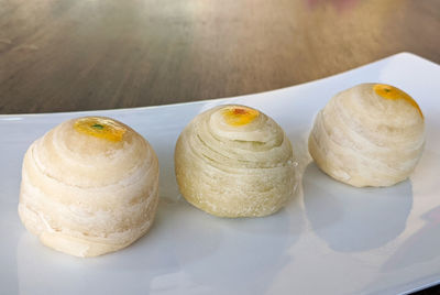 High angle view of pastries on table