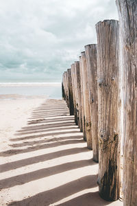 Wooden posts on beach against sky