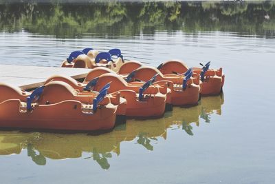 Kayaks moored in lake