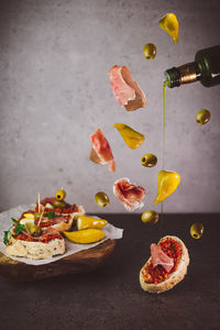 High angle view of italian bruschetta on table