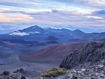 Scenic view of snowcapped mountains against sky during sunset