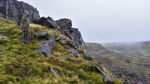 Rock formations on landscape against sky