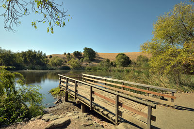 Scenic view of lake against clear blue sky