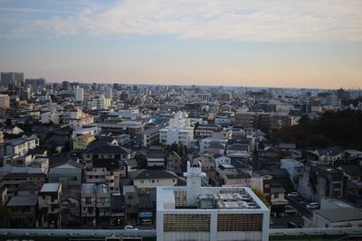 High angle view of townscape against sky at sunset