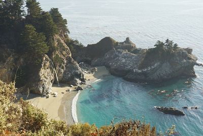Mcway falls, big sur, california with a blue pacific ocean