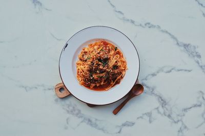 High angle view of breakfast served on table