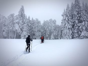 People on snow covered landscape against sky