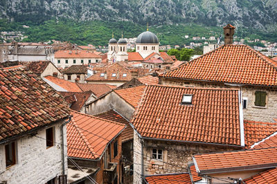 High angle view of buildings in town