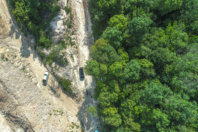 High angle view of waterfall amidst trees in forest