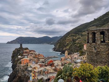 High angle view of townscape by sea against sky