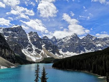 Scenic view of lake by snowcapped mountains against sky