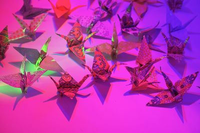 Close-up of purple paper against colored background