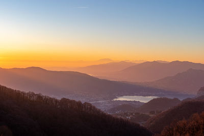 Scenic view of silhouette mountains against sky during sunset