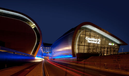 High angle view of light trails on city at night