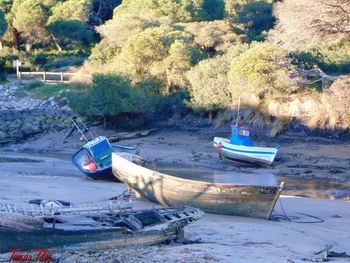 Boats moored on shore