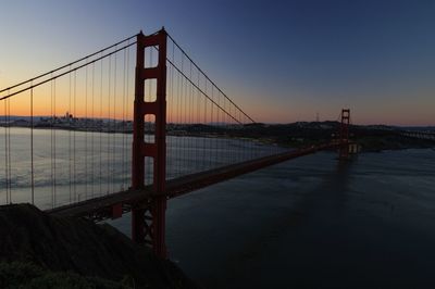 View of suspension bridge at sunrise