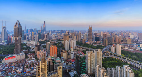 City skyline at sunset