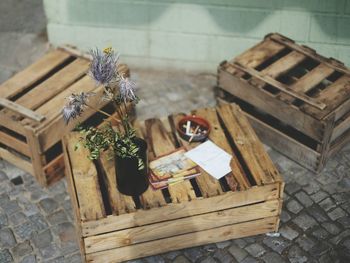High angle view of potted plant with books and cigarette on crate