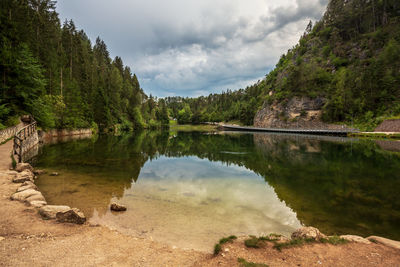 Scenic view of lake by trees against sky