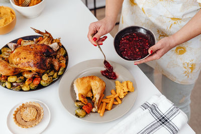 High angle view of meal served on table