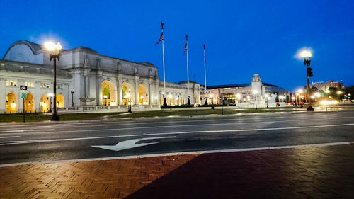 View of city street at dusk