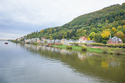 Scenic view of lake by buildings against sky