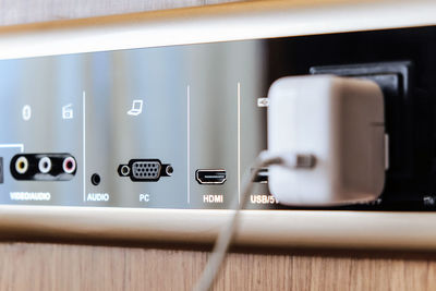 Closeup image of  smart wall plug for usb and internet port. 