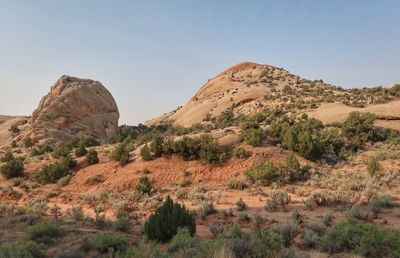 Rock formations on landscape against clear sky