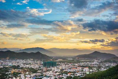 High angle view of townscape against sky during sunset