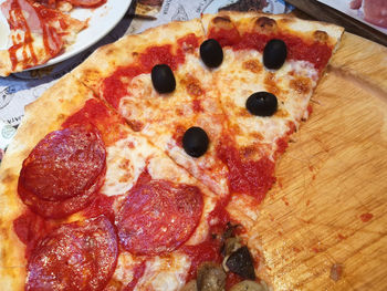 High angle view of pizza on table