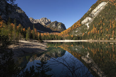 Scenic view of lake and mountains against clear sky