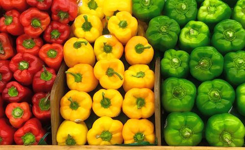 Full frame shot of bell peppers for sale in market