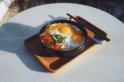 High angle view of soup in bowl on table