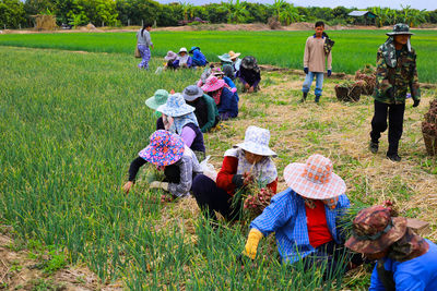 People working in farm against sky