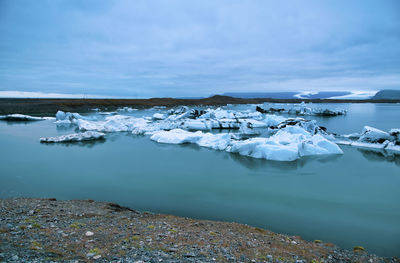 Scenic view of frozen lake against sky