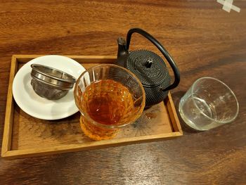 High angle view of tea served on table