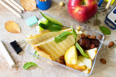 High angle view of breakfast served on table