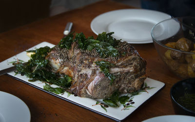 High angle view of meal served on table