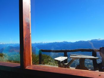 Built structure on table against clear blue sky