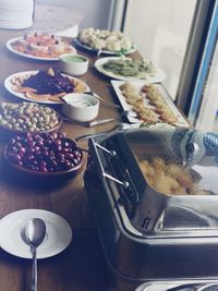 High angle view of breakfast served on table