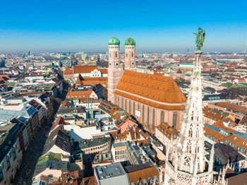 Aerial view on marienplatz town hall and frauenkirche in munich