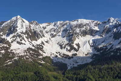 Scenic view of snowcapped mountains against clear sky