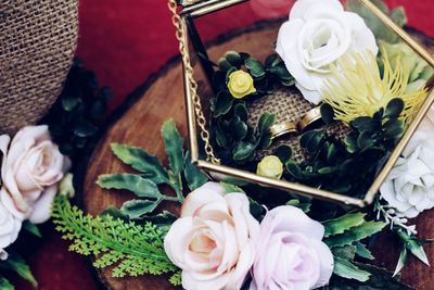 High angle view of rose bouquet on table