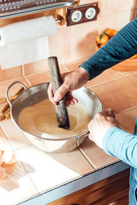 High angle view of person preparing food