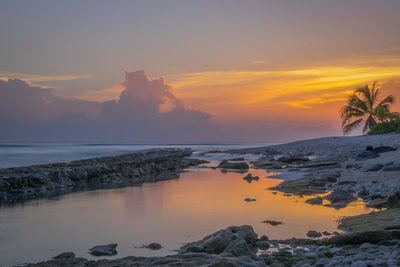 Scenic view of beach against cloudy sky during sunset